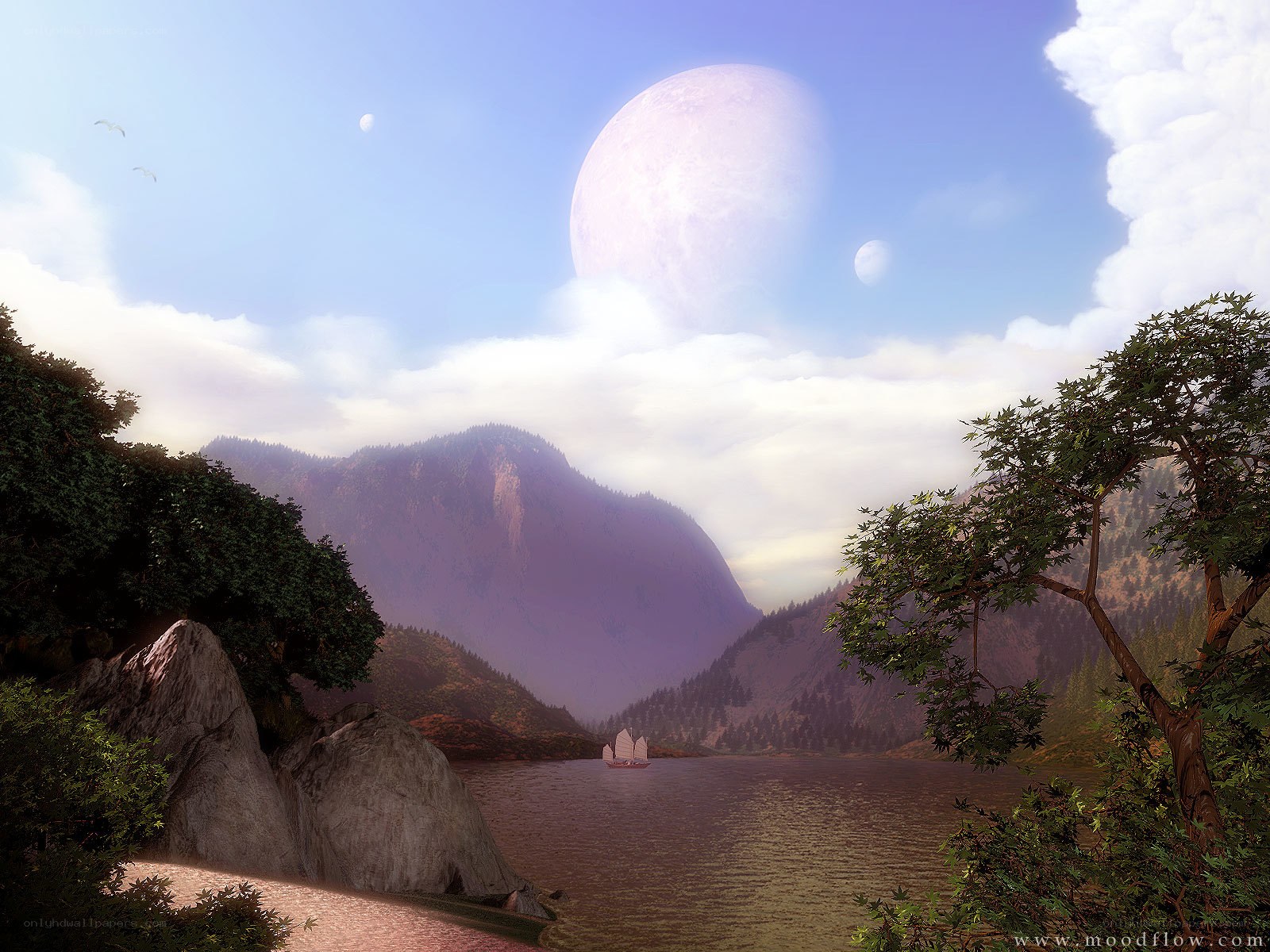 Lakeside landscape with three moons
