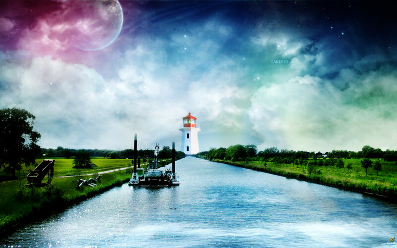 Lakeside lighthouse scene