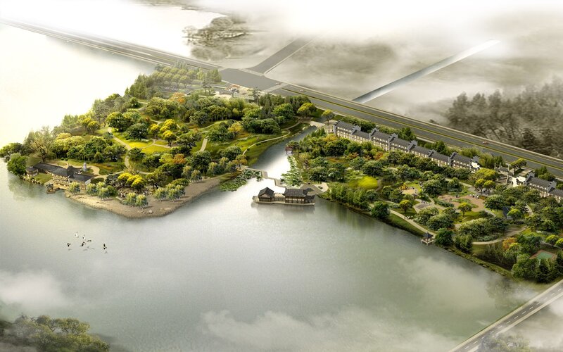 Lakeside park and residential area