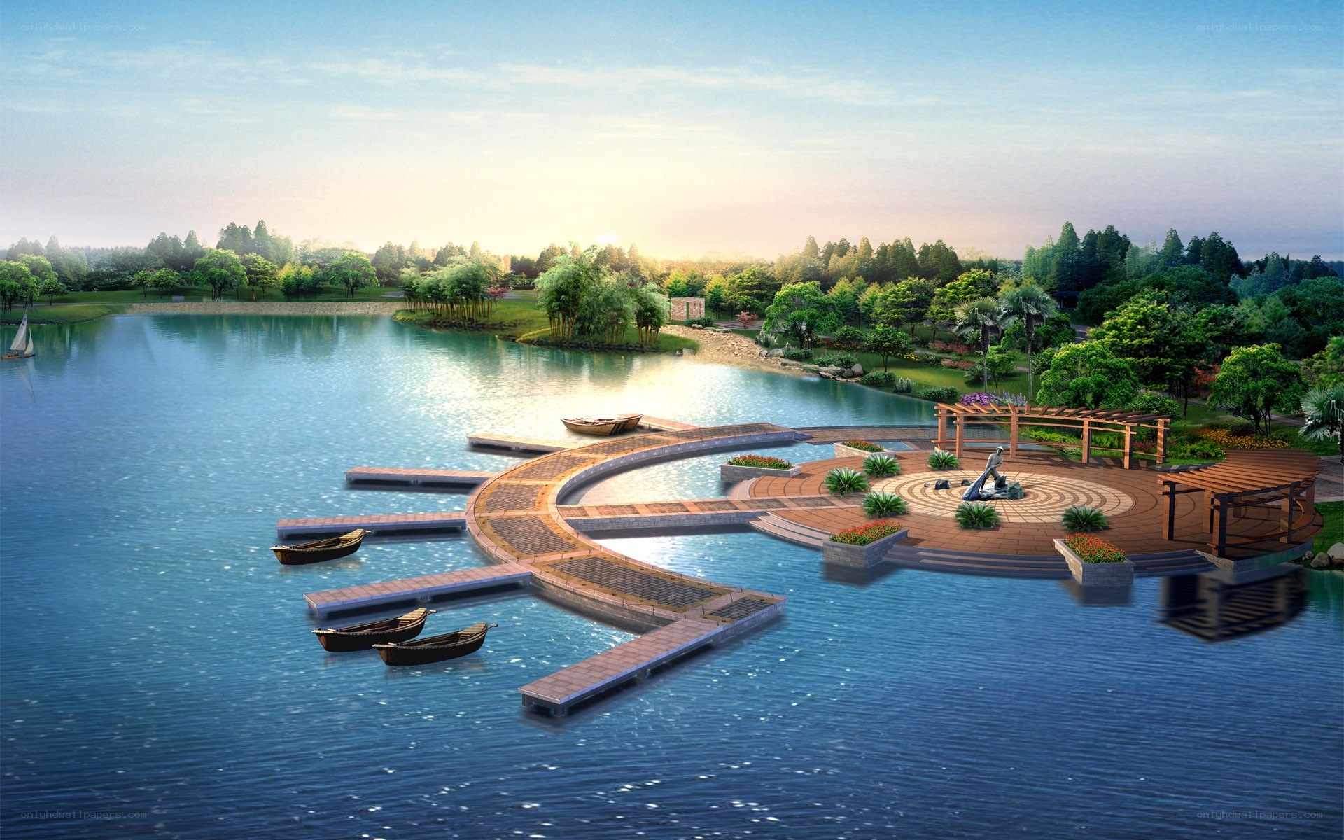Lakeside park with docks and pavilion