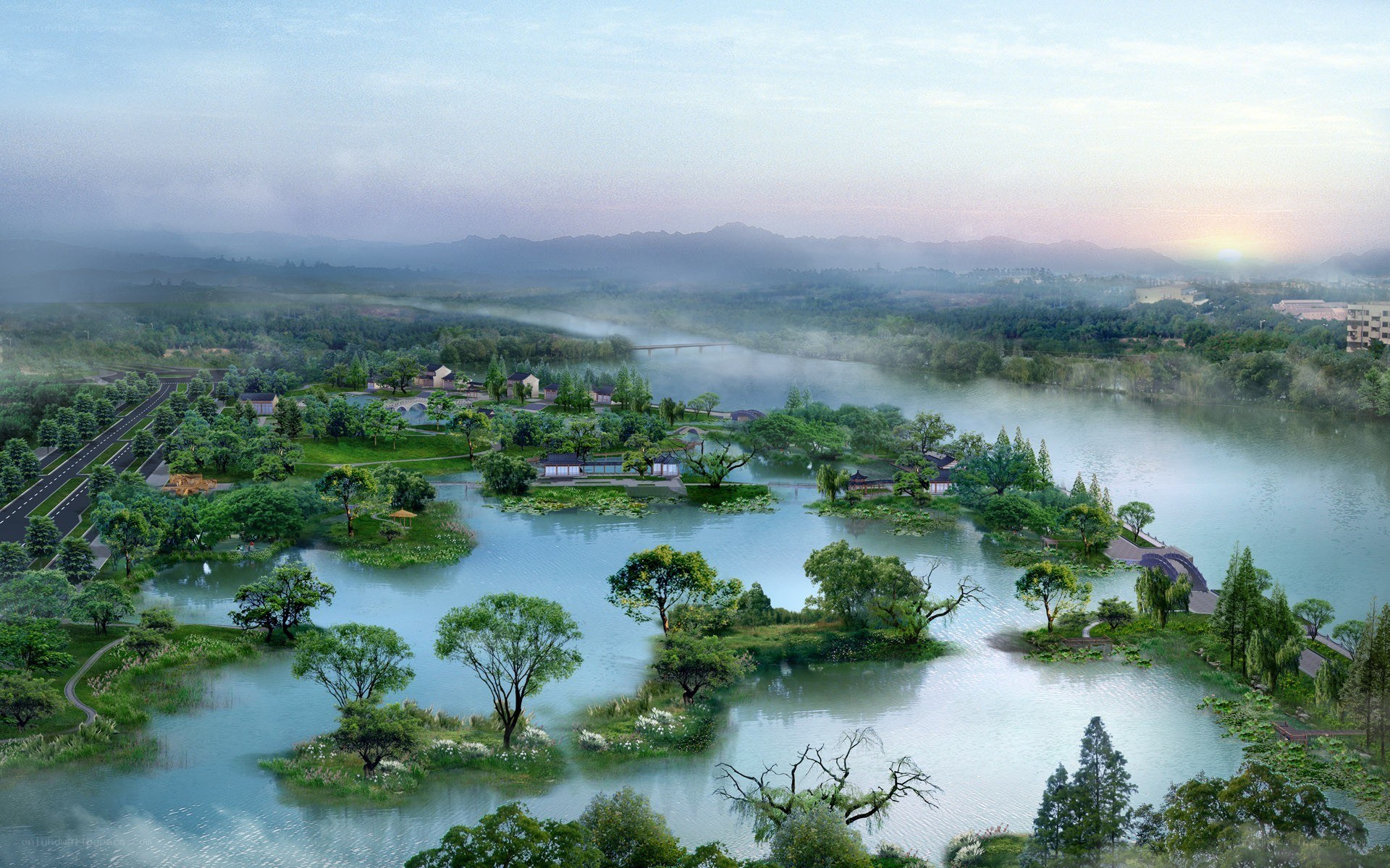 Lakeside park with misty mountains