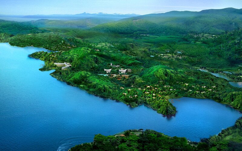 Lakeside resort nestled in green hills
