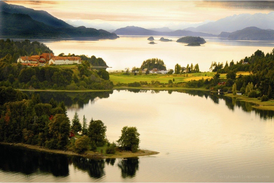 Lakeside resort with mountains