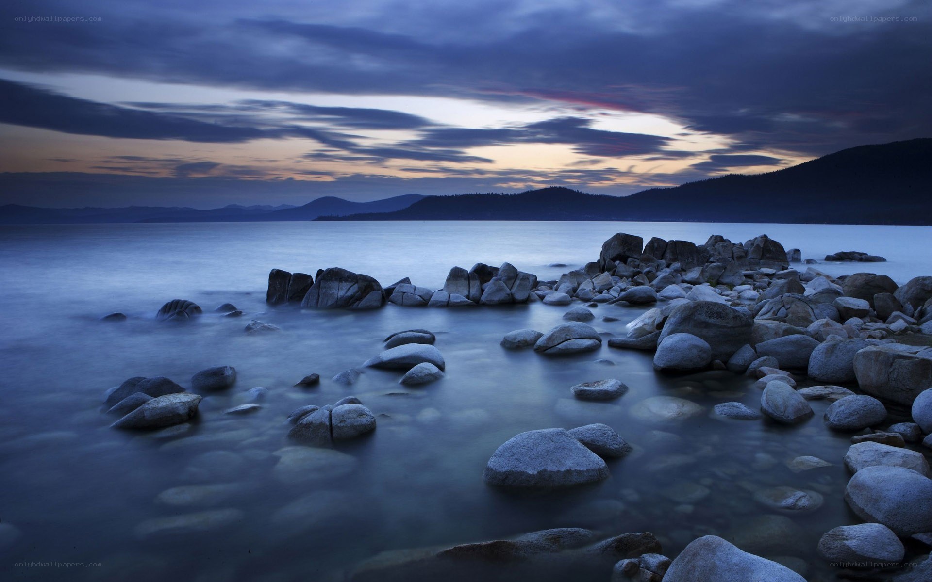 Lakeside rocks at dusk