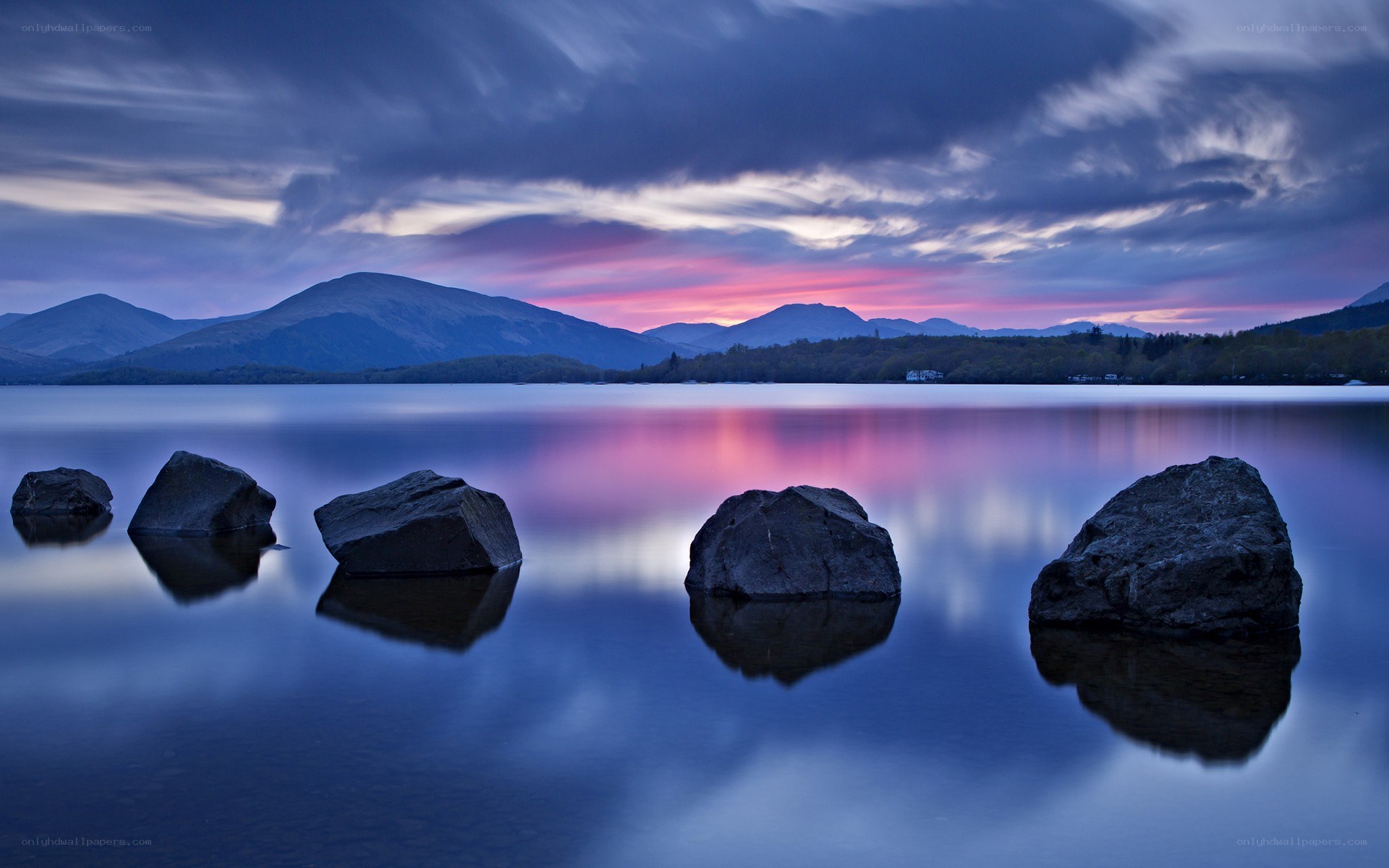 Lakeside rocks at dusk