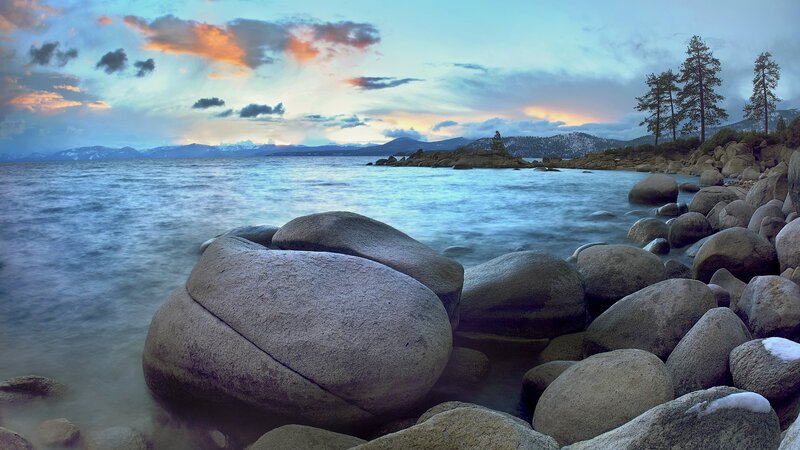 Lakeside rocks at sunset