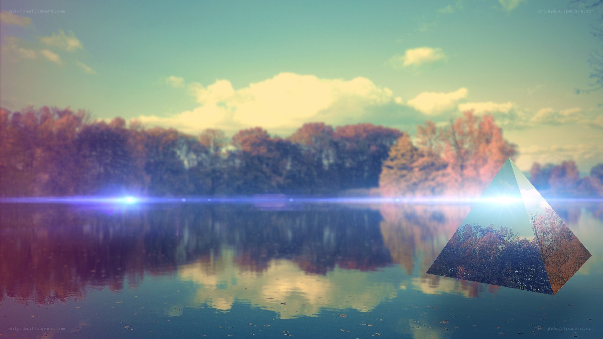 Lakeside scene with lens flare