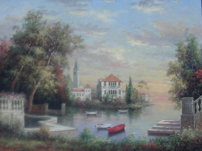 Lakeside town at sunset