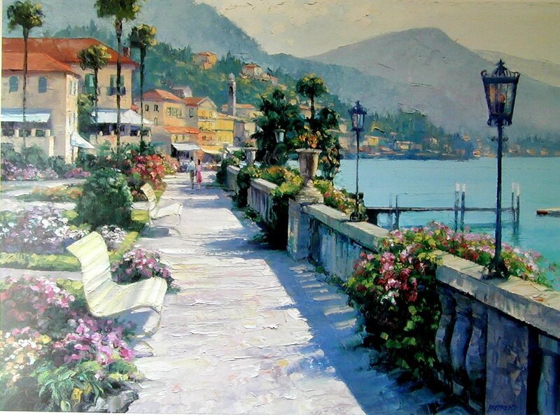 Lakeside town with flowers