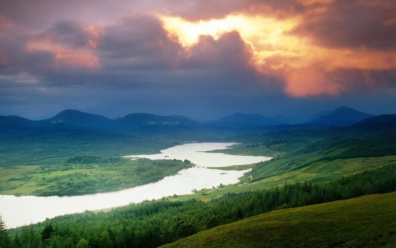 Lakeside valley at sunset