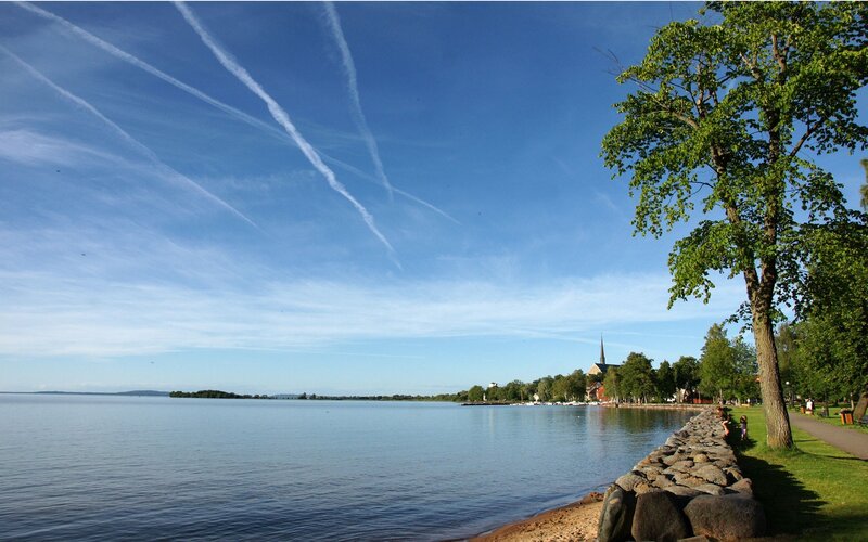 Lakeside view with church spire