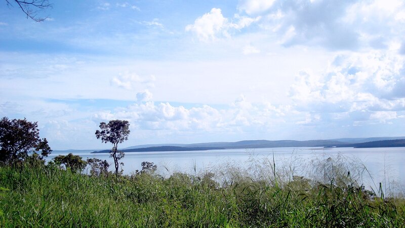 Lakeside view with grassy foreground