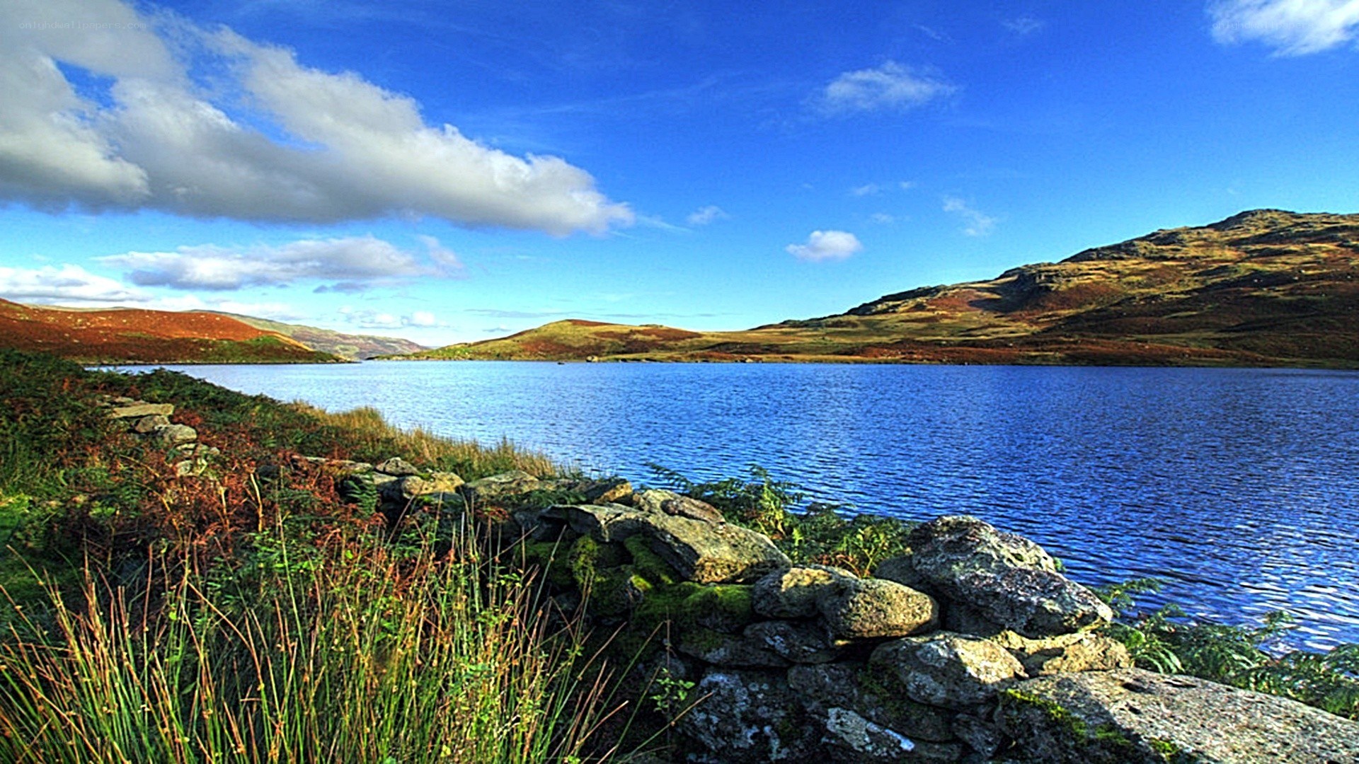 Lakeside view with hills
