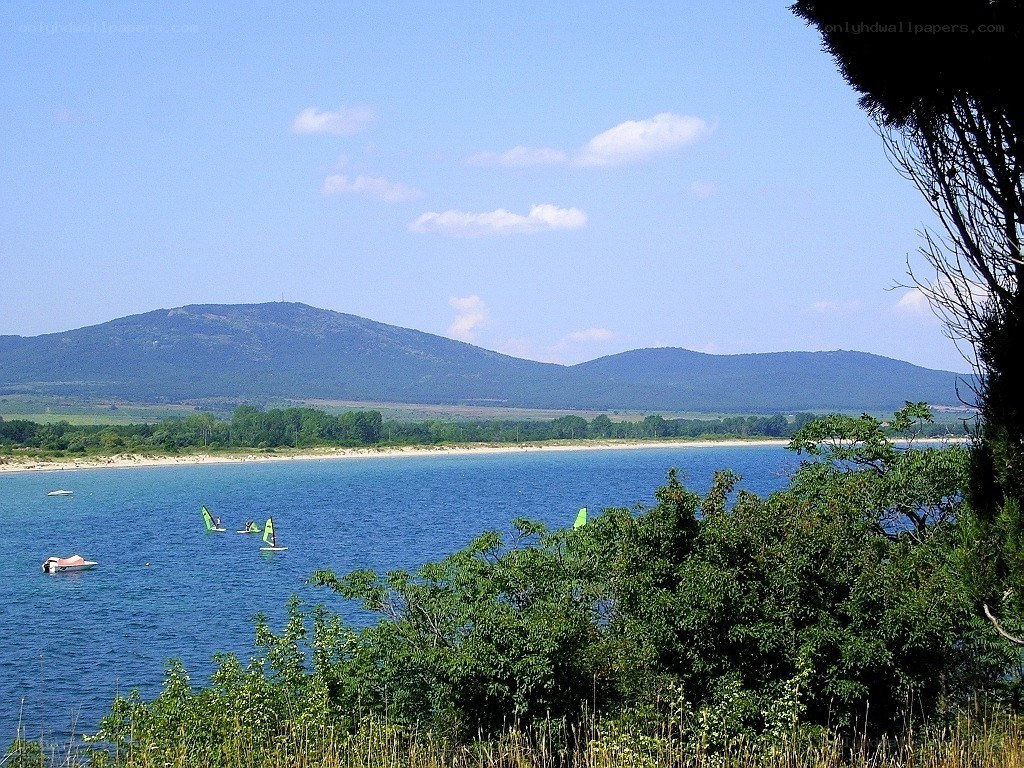 Lakeside view with sailboats