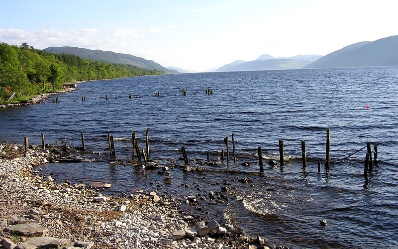 Lakeside view with wooden posts