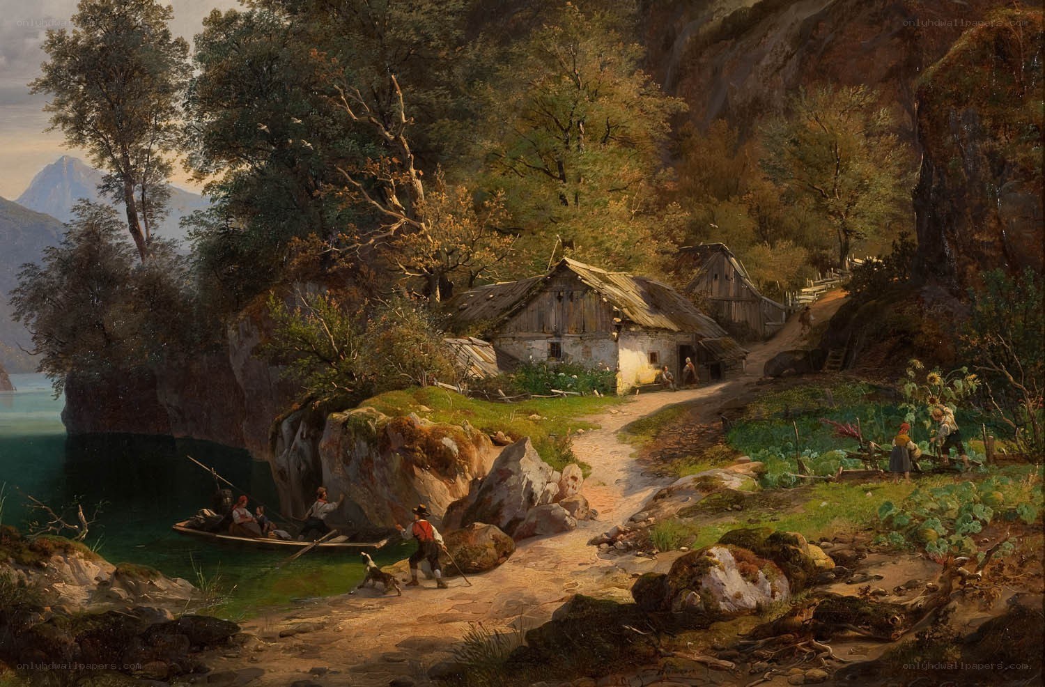 Lakeside village scene