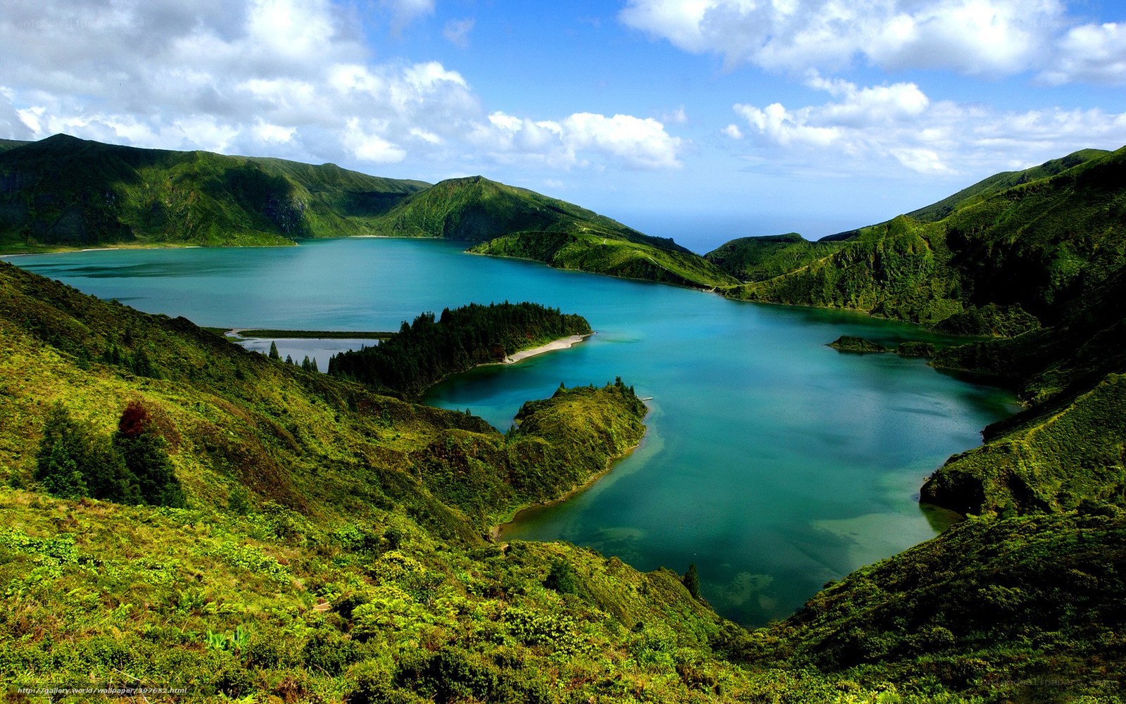 Lakeside volcanic crater landscape