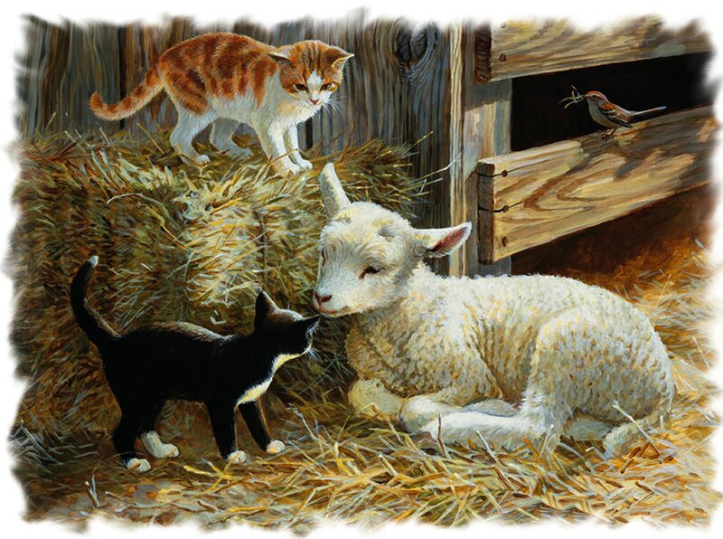 Lamb with Two Kittens