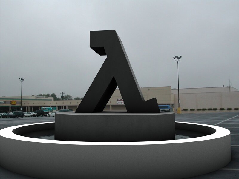 Lambda sculpture in parking lot