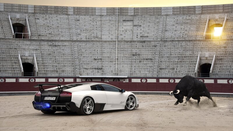 Lamborghini and bull in arena