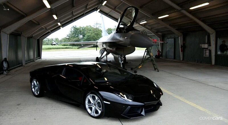 Lamborghini and fighter jet in hangar