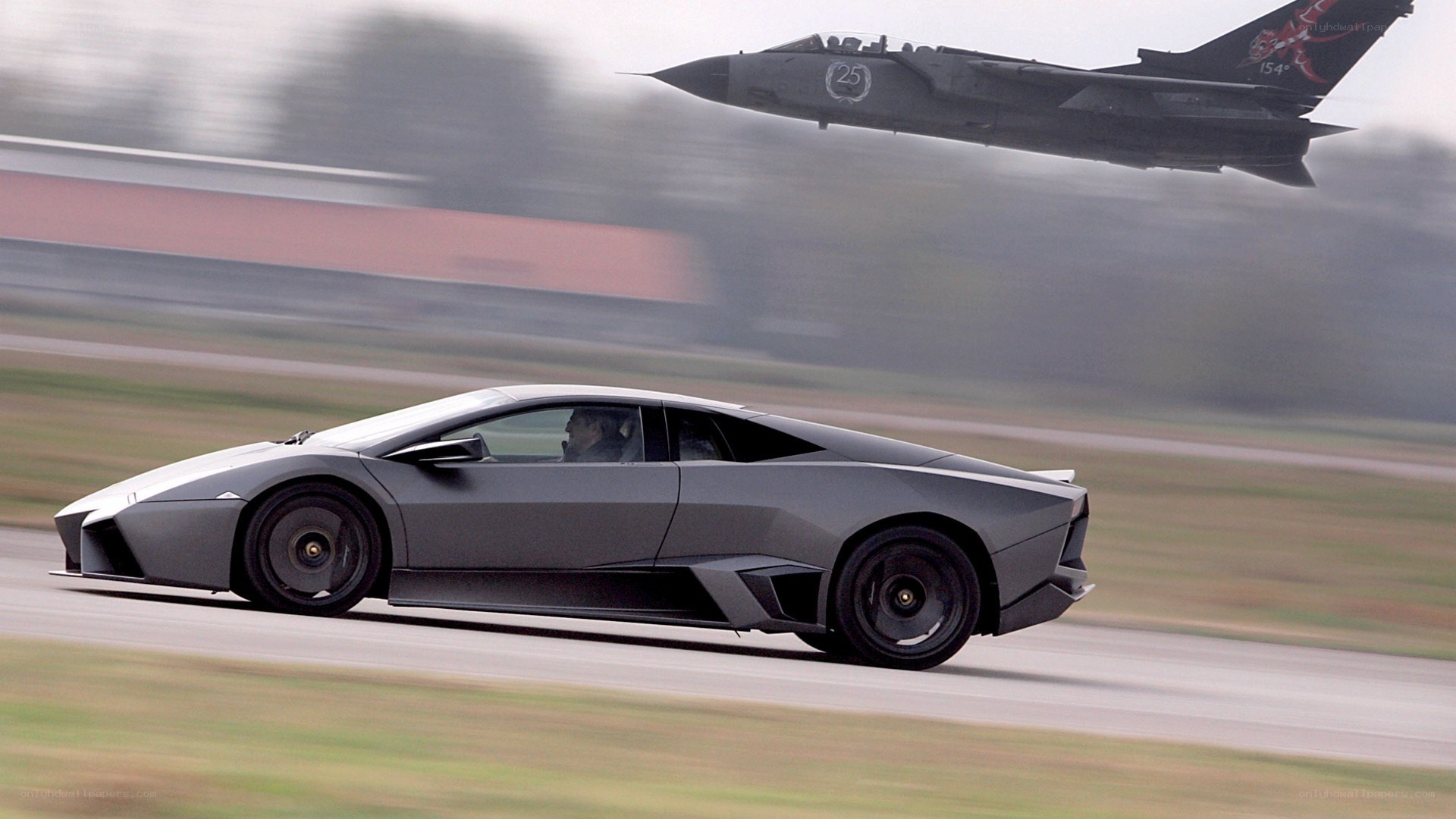Lamborghini and jet on a runway