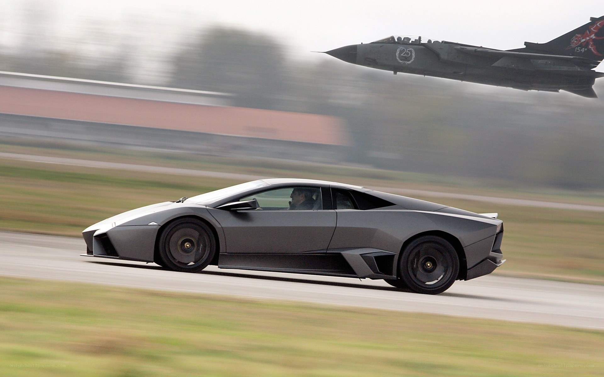 Lamborghini and jet on a runway
