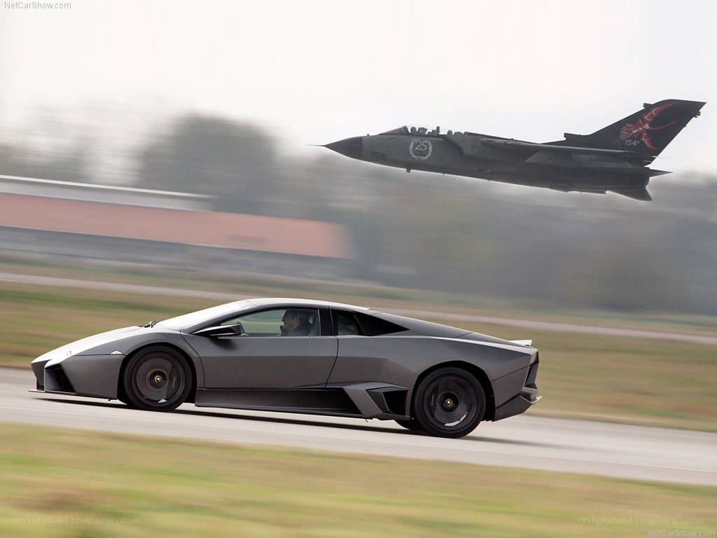 Lamborghini and jet on a runway