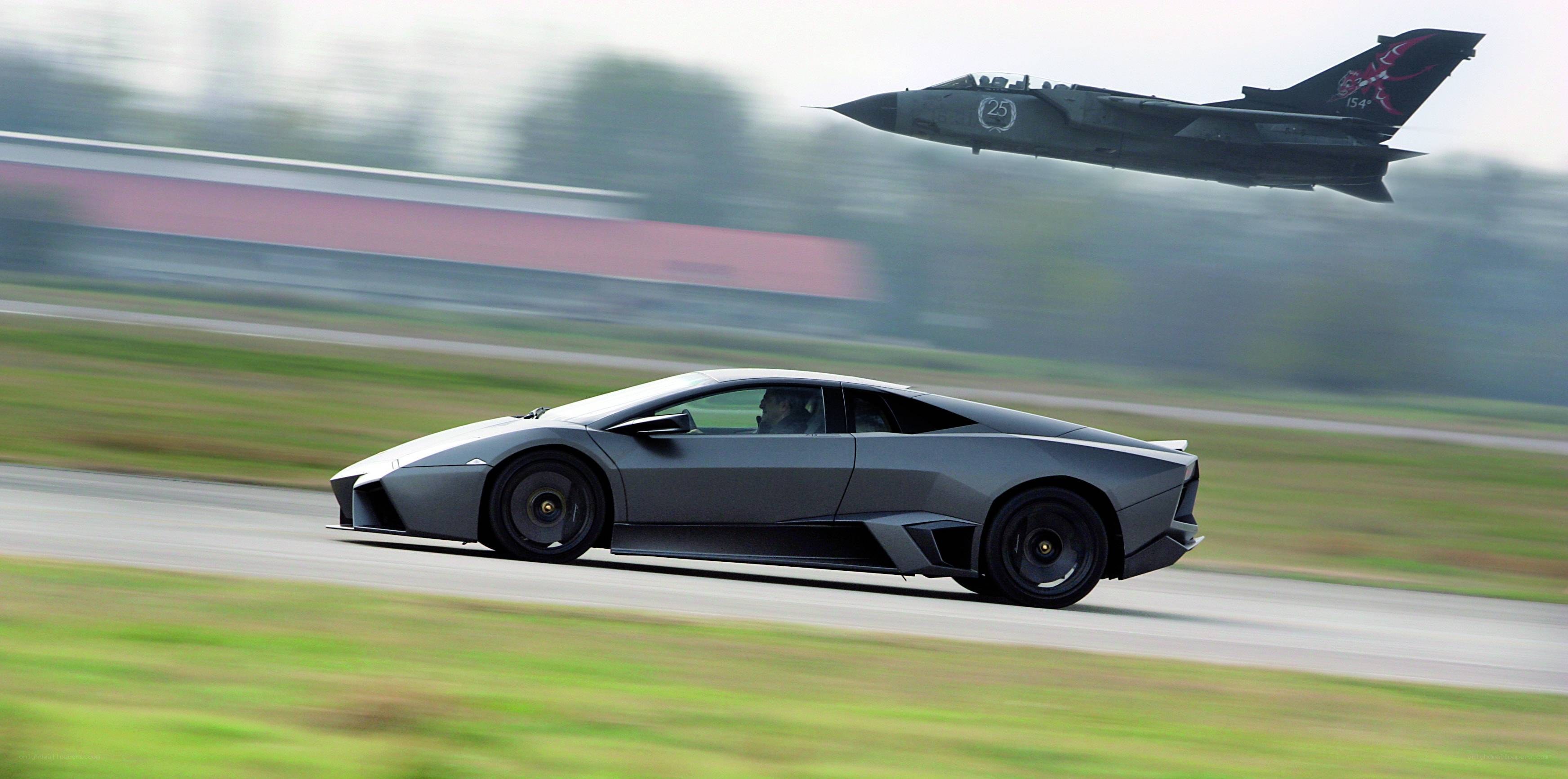 Lamborghini and jet on a runway