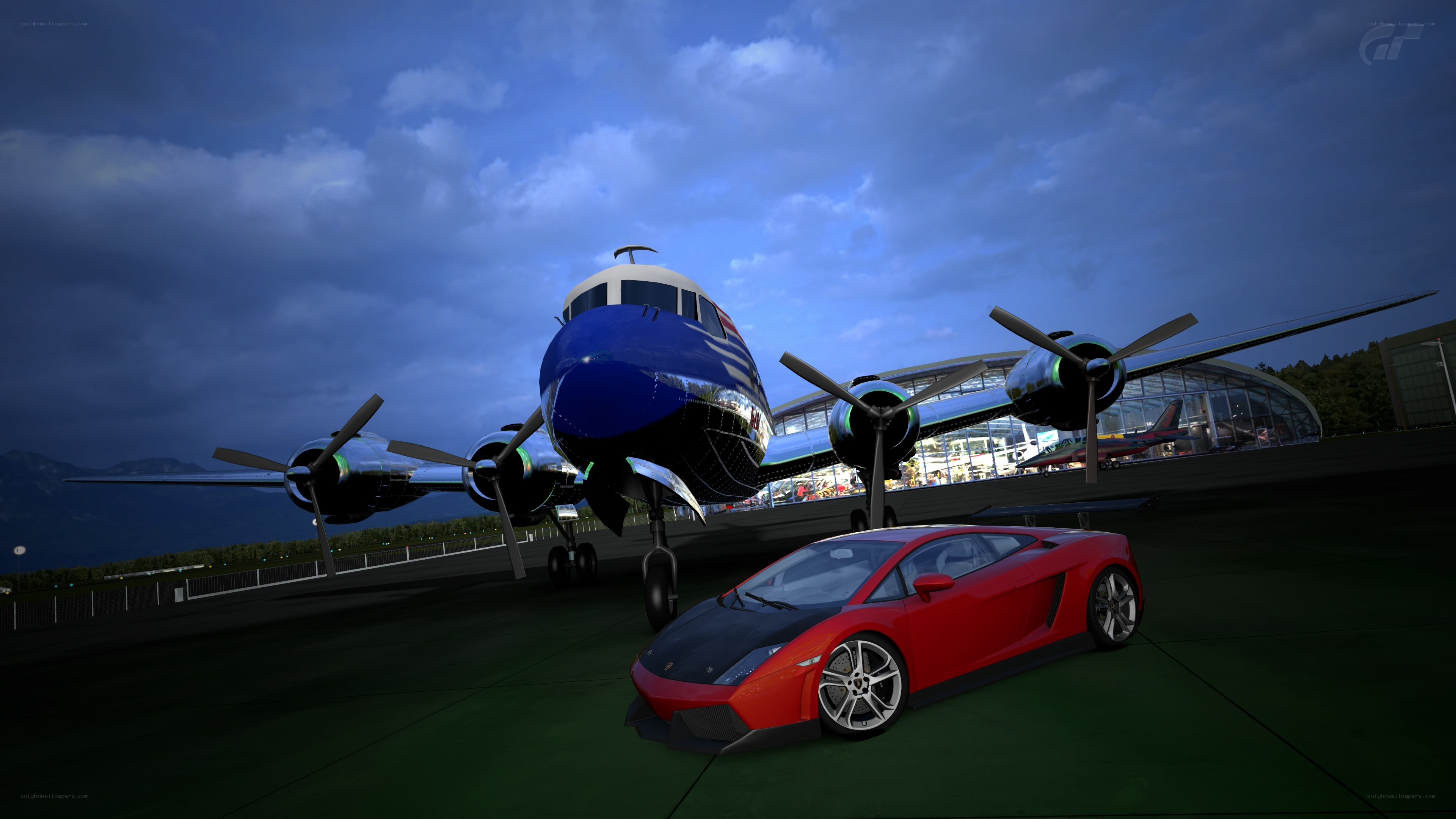 Lamborghini and vintage plane