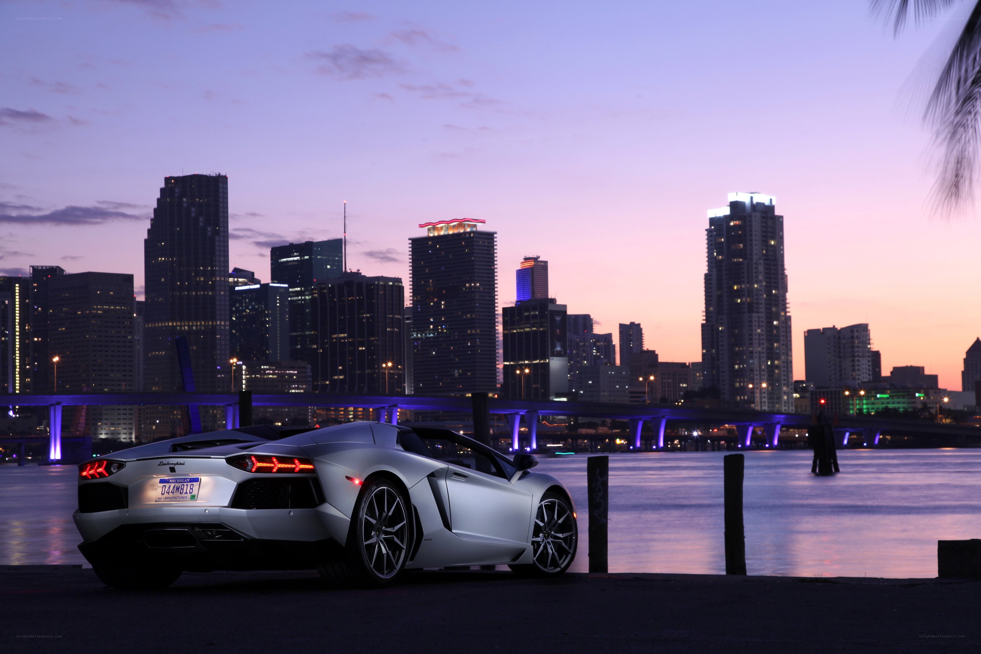 Lamborghini at dusk by the city