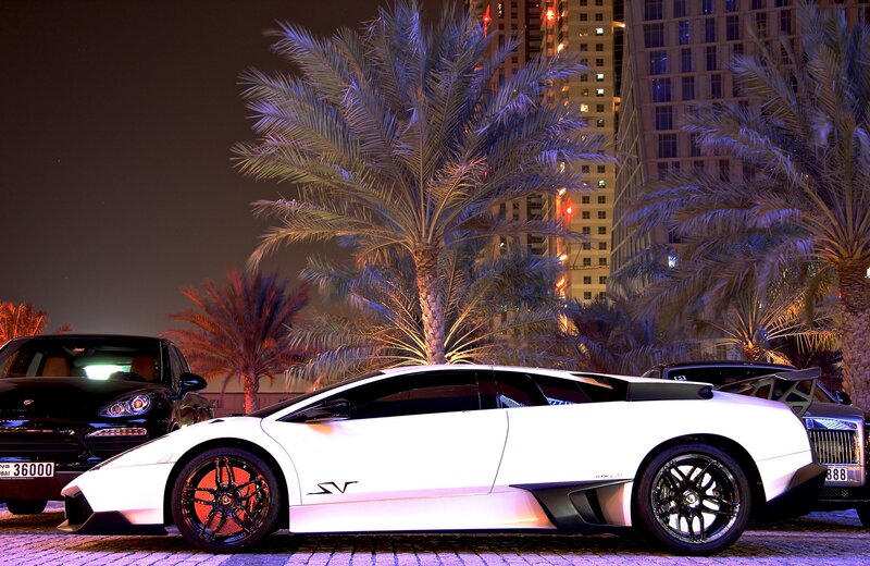Lamborghini at night with palm trees