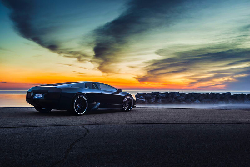 Lamborghini at sunset by the sea