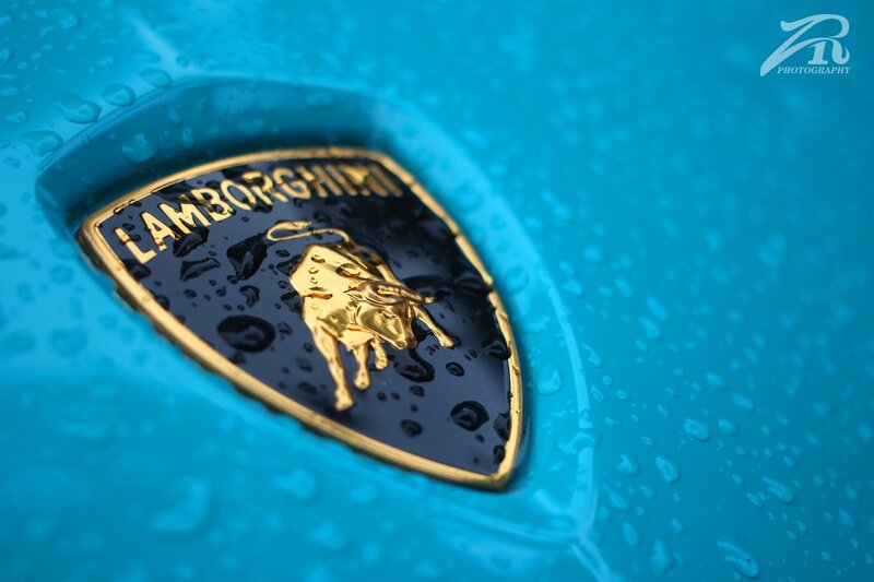 Lamborghini emblem on wet car