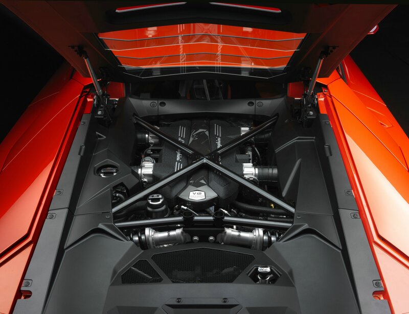 Lamborghini Engine Bay — Red, Dramatic, Photograph