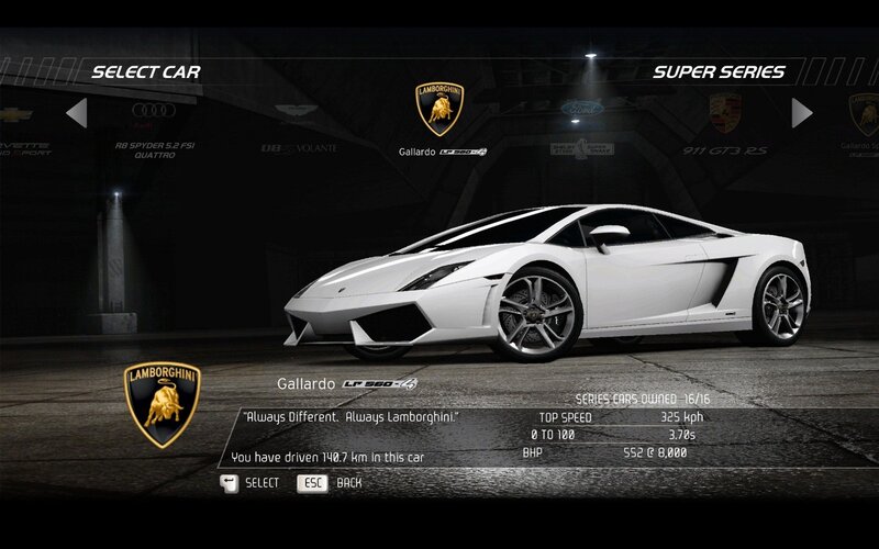Lamborghini Gallardo selection screen