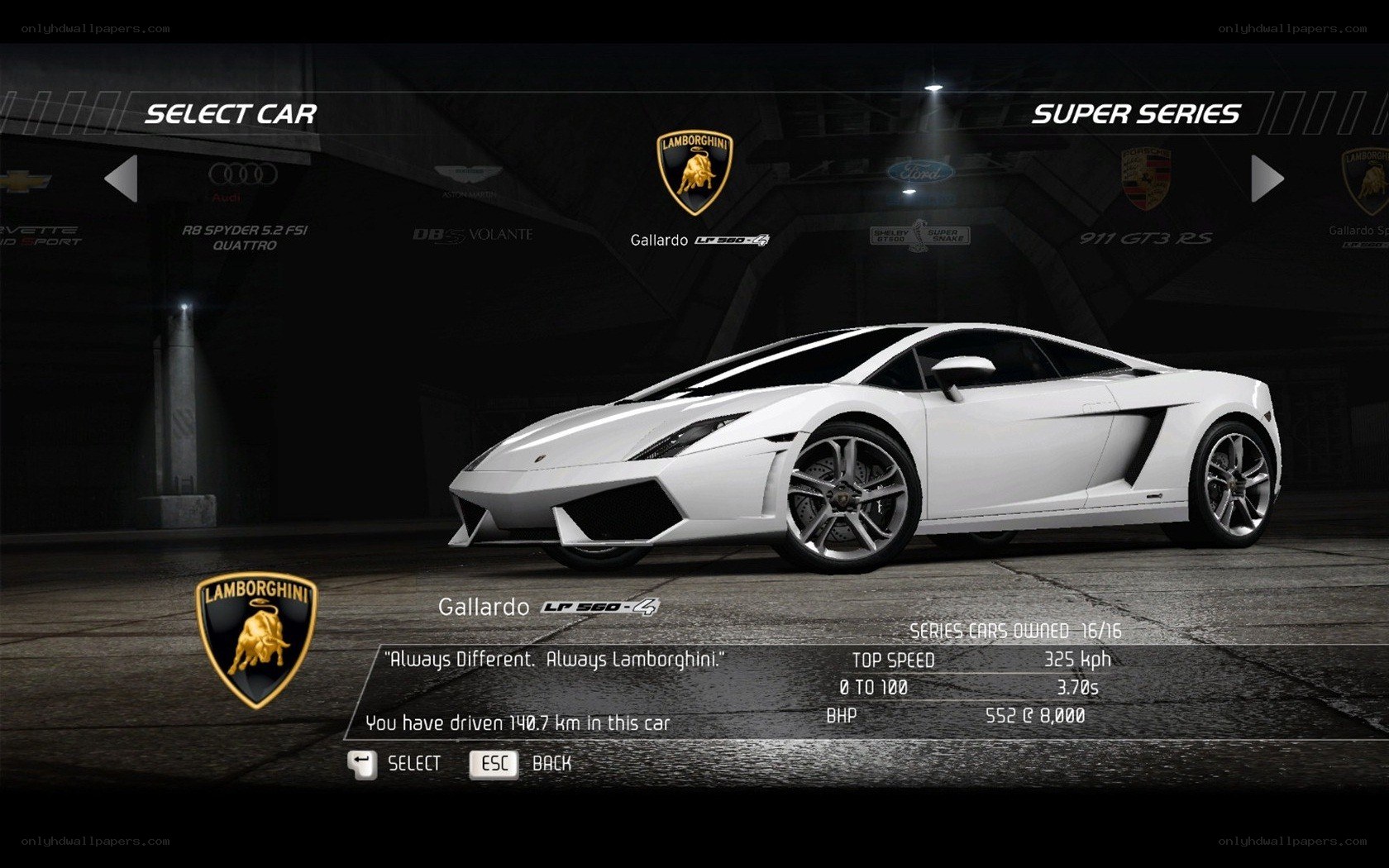 Lamborghini Gallardo selection screen