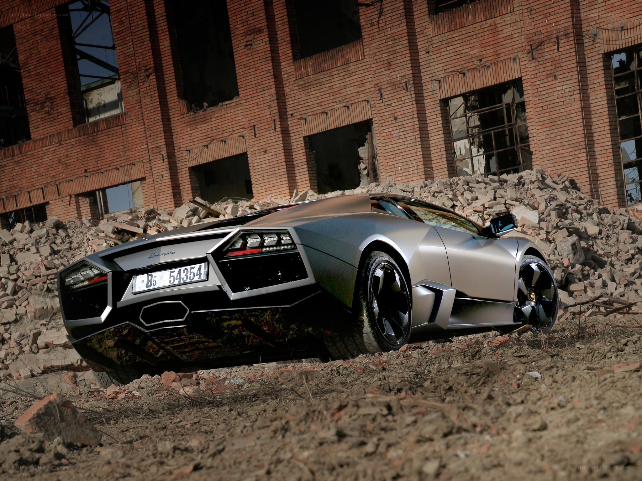 Lamborghini in a rubble field