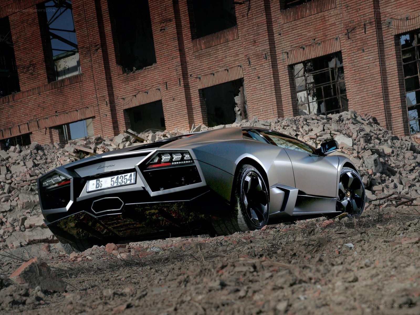 Lamborghini in a rubble field