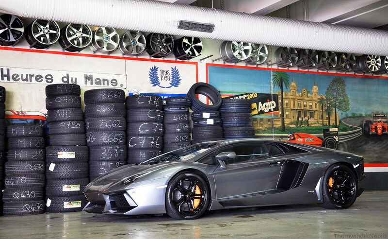 Lamborghini in a tire shop