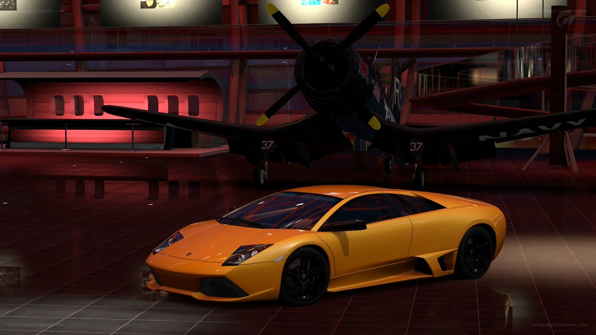 Lamborghini in aircraft hangar