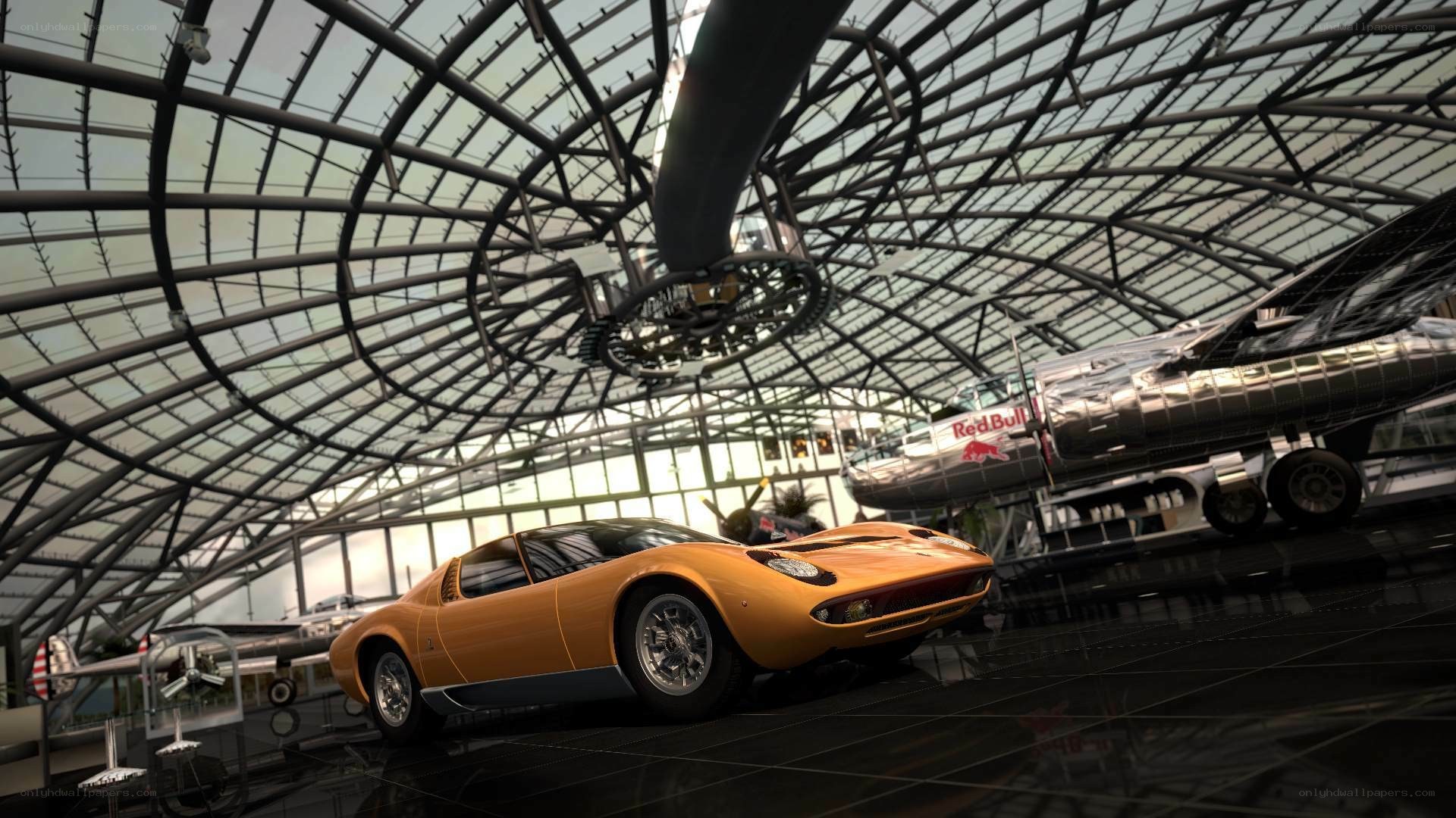 Lamborghini in aircraft hangar