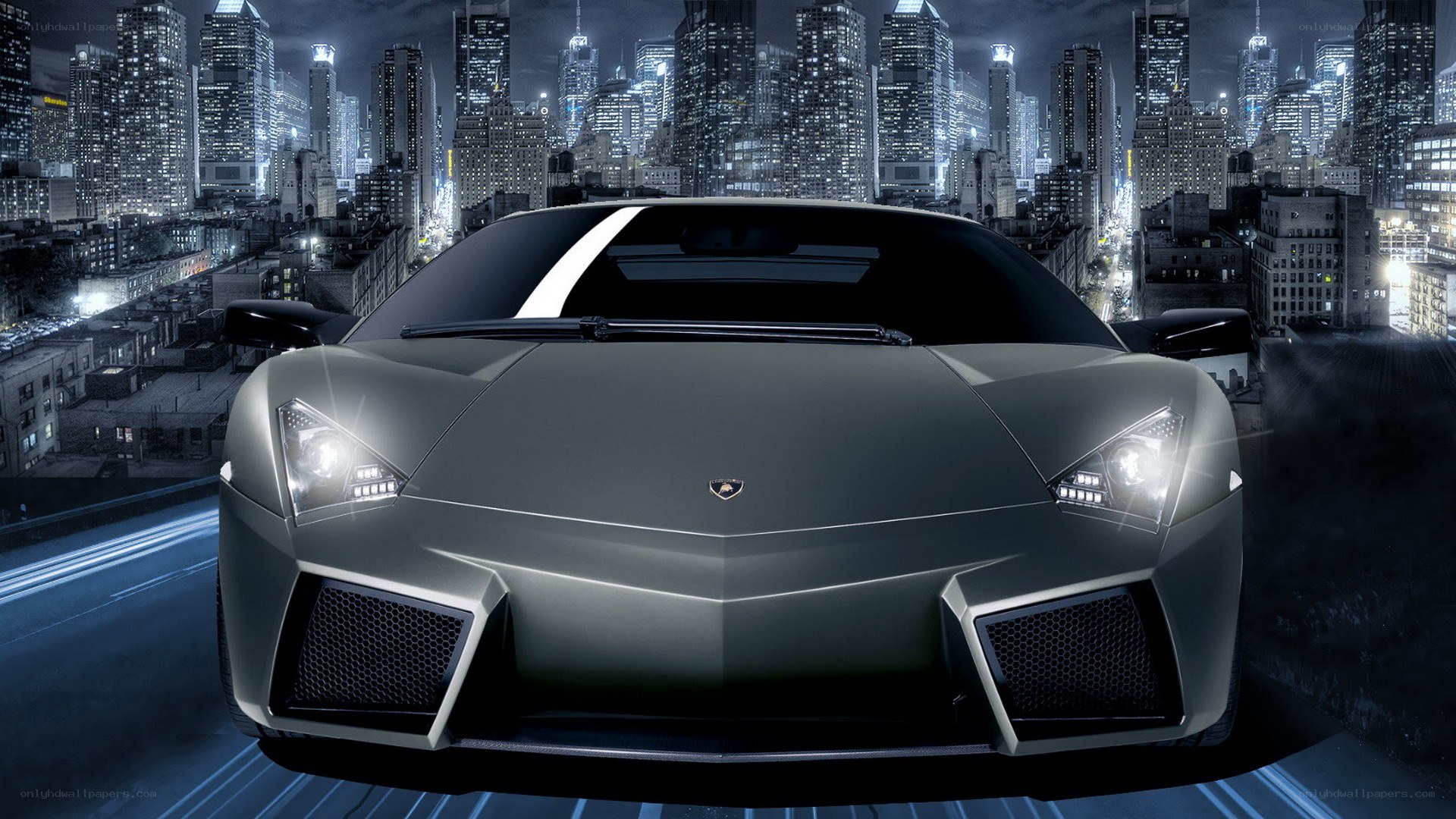 Lamborghini in city at night