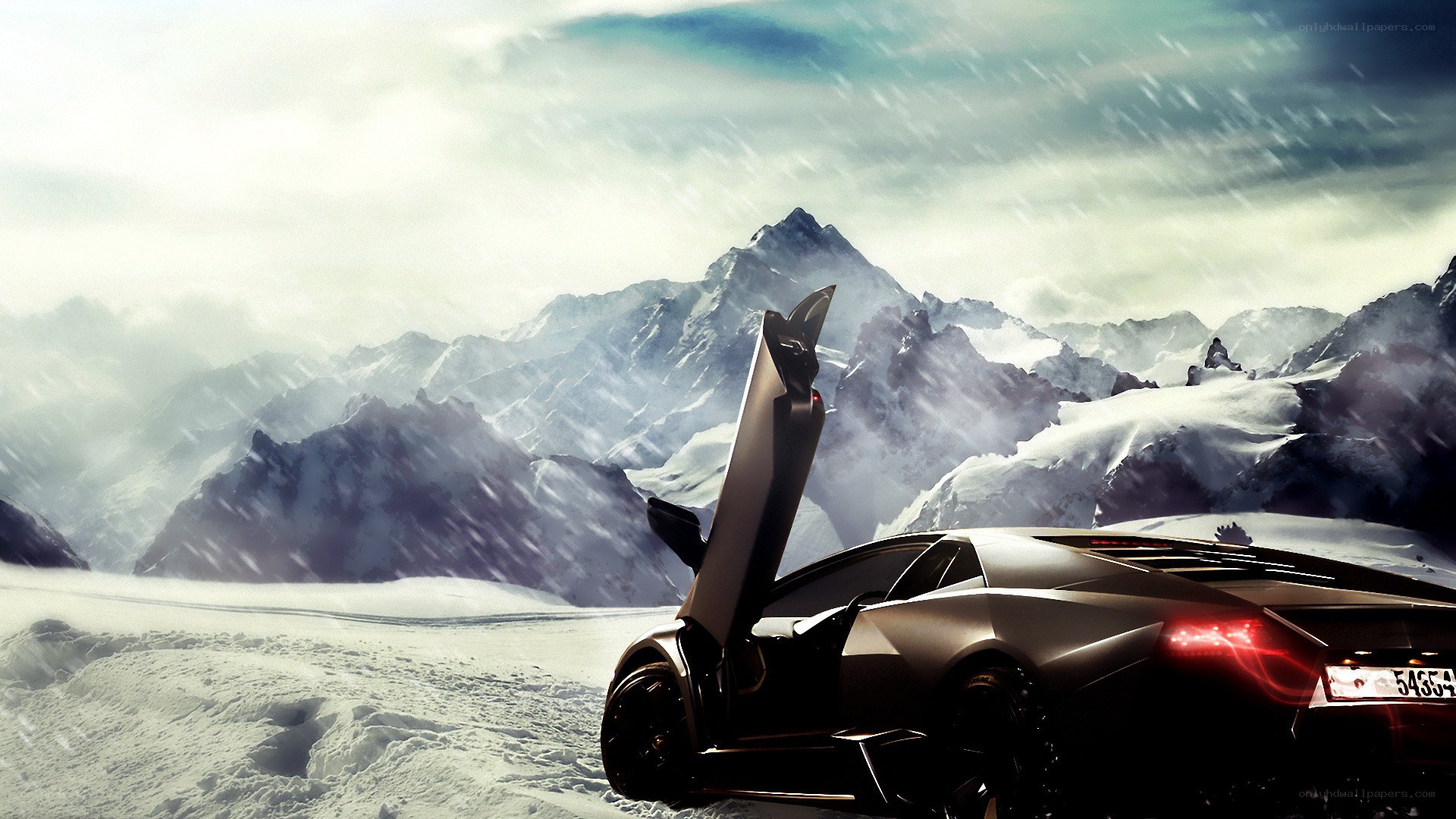 Lamborghini in snowy mountains