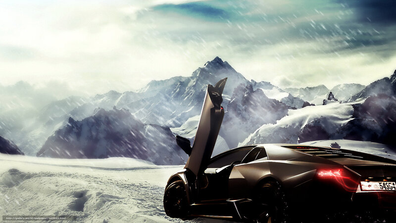 Lamborghini in snowy mountains