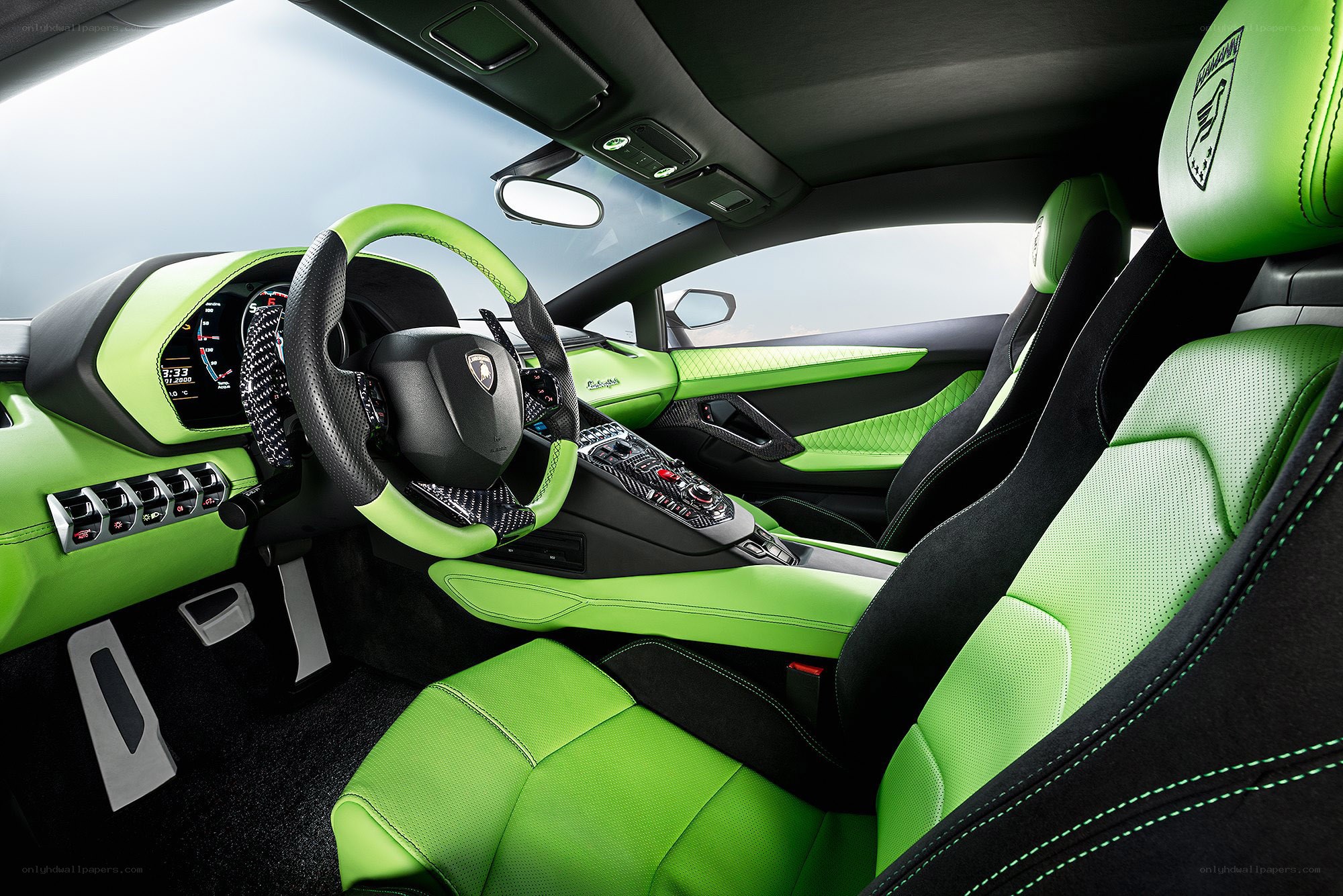 Lamborghini interior with green accents