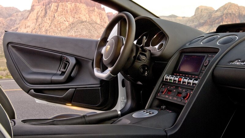 Lamborghini interior with mountain view