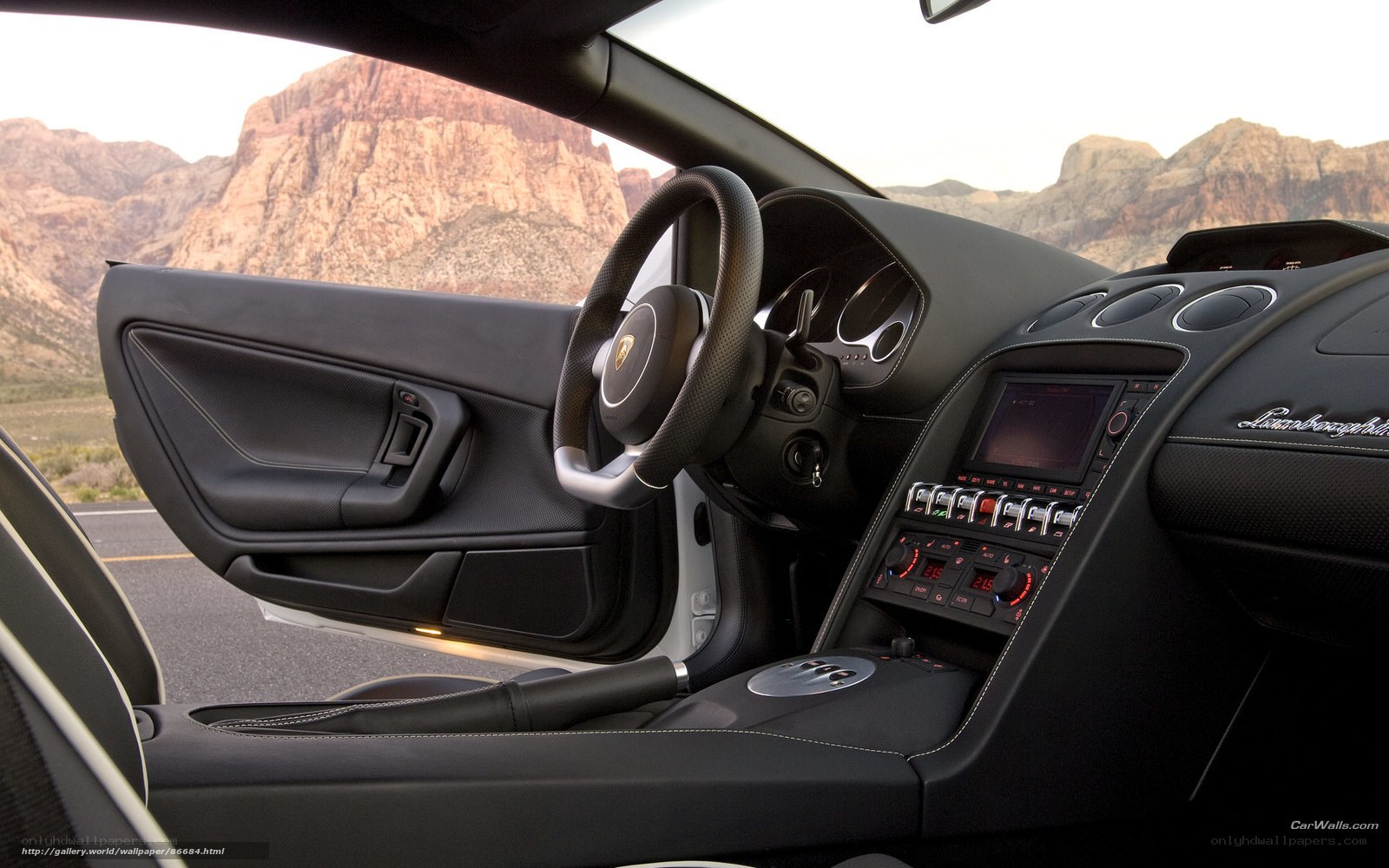Lamborghini interior with mountain view