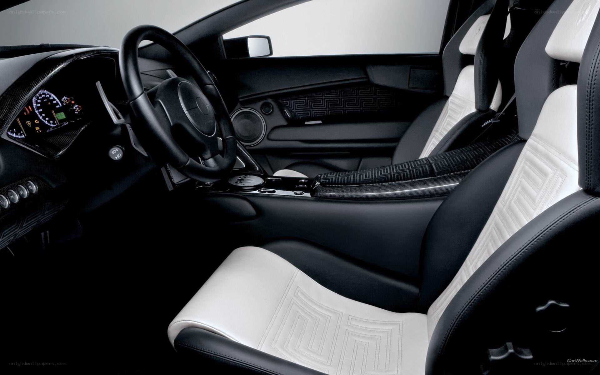 Lamborghini interior with white and black seats