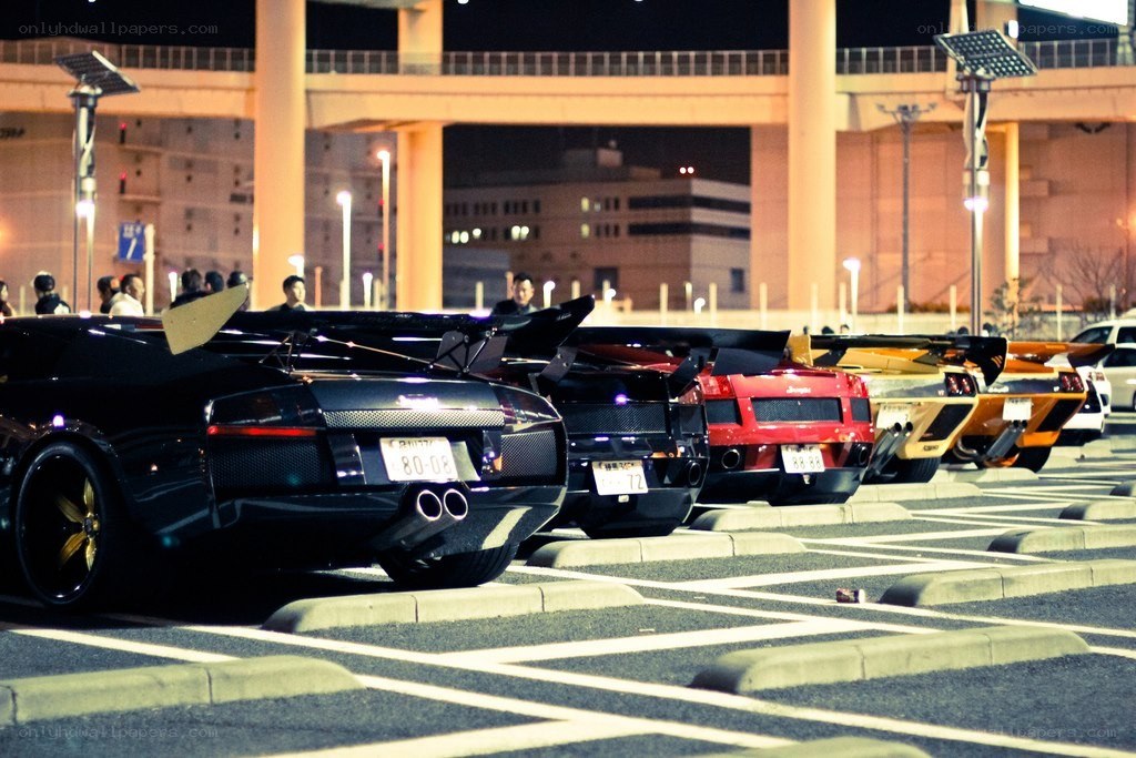 Lamborghini lineup at night